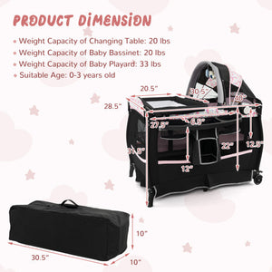 4 in 1 Portable Pack and Play Baby Nursery Center with Bassinet-Pink