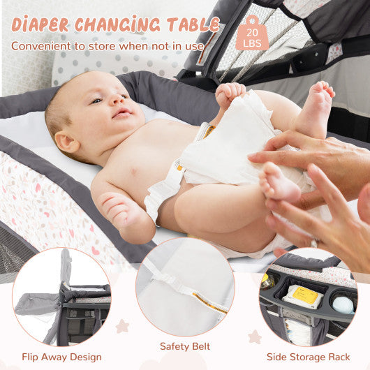 4 in 1 Portable Pack and Play Baby Nursery Center with Bassinet-Heart Pink