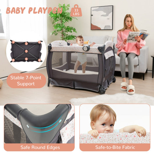 4 in 1 Portable Pack and Play Baby Nursery Center with Bassinet-Heart Pink