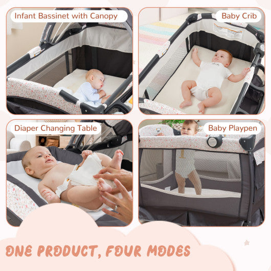4 in 1 Portable Pack and Play Baby Nursery Center with Bassinet-Heart Pink