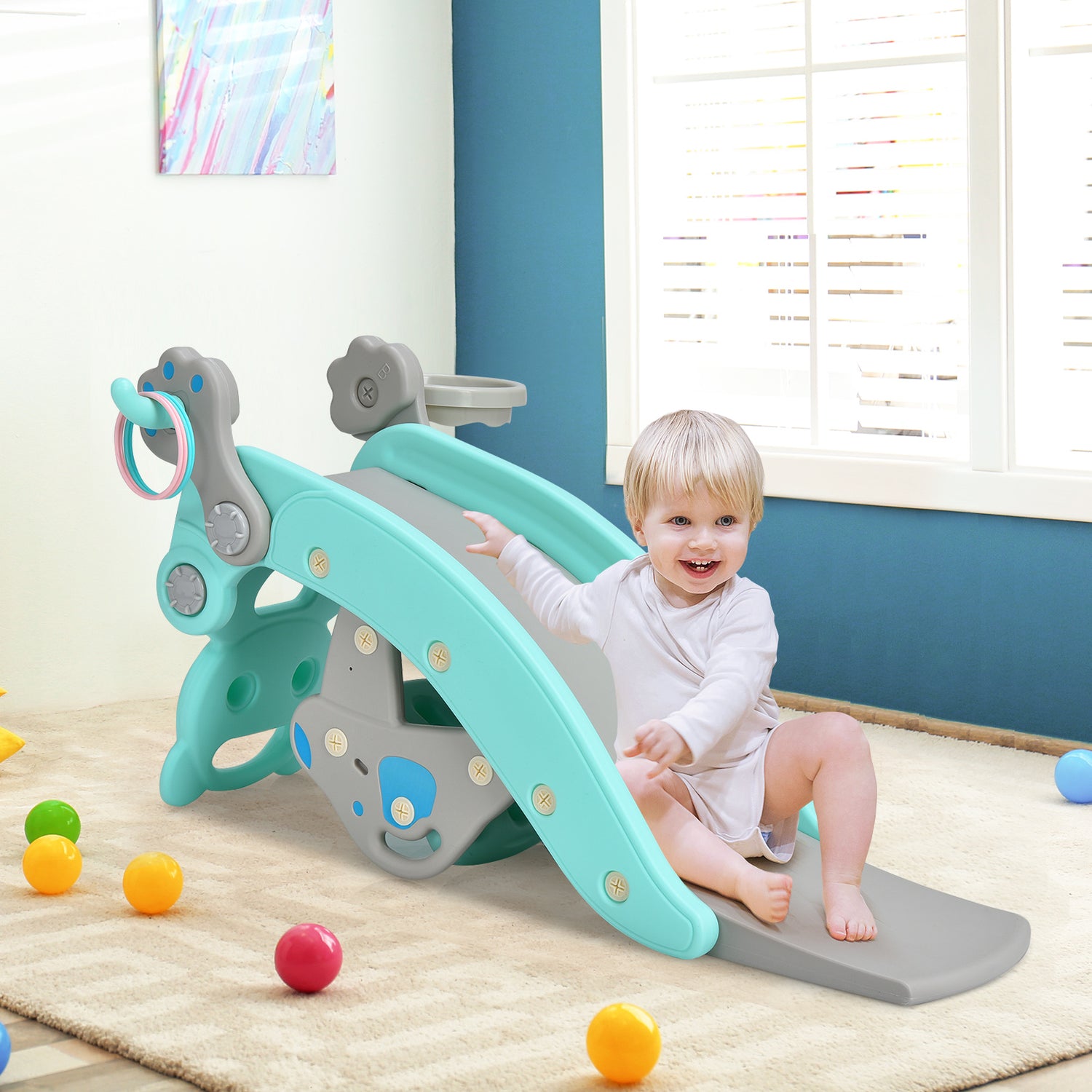 4-in-1 Toddler Slide and Rocking Horse Playset with Basketball Hoop-Blue