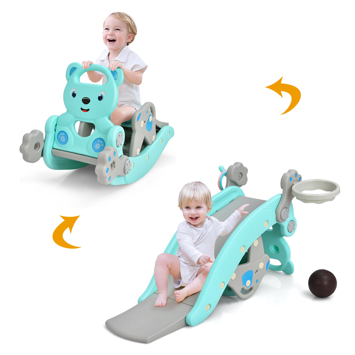 4-in-1 Toddler Slide and Rocking Horse Playset with Basketball Hoop-Pink