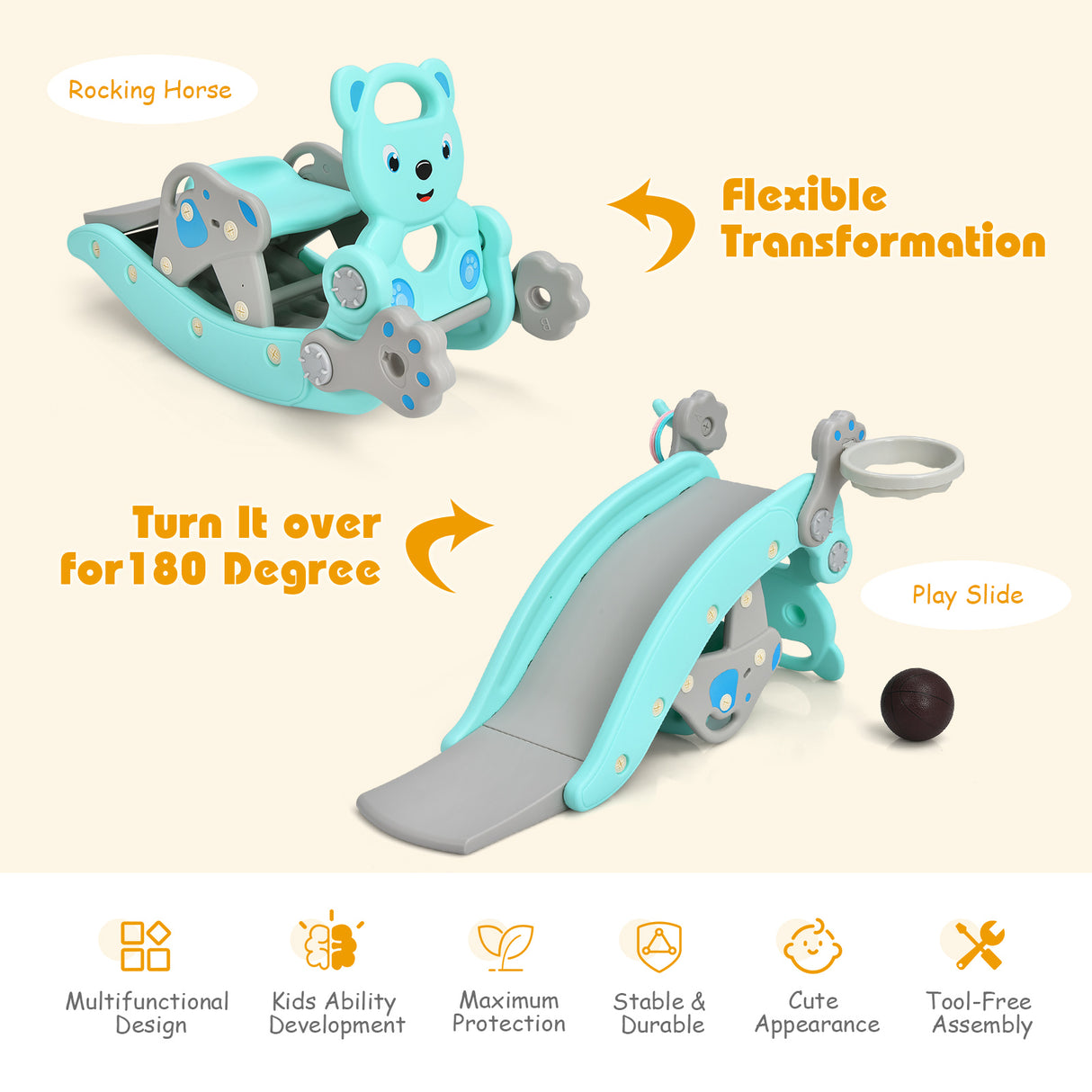 4-in-1 Toddler Slide and Rocking Horse Playset with Basketball Hoop-Pink