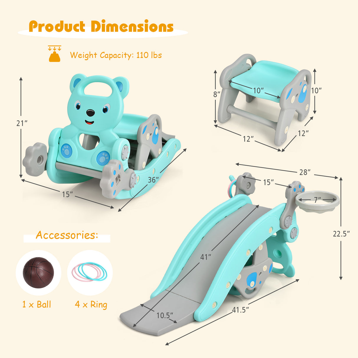 4-in-1 Toddler Slide and Rocking Horse Playset with Basketball Hoop-Pink