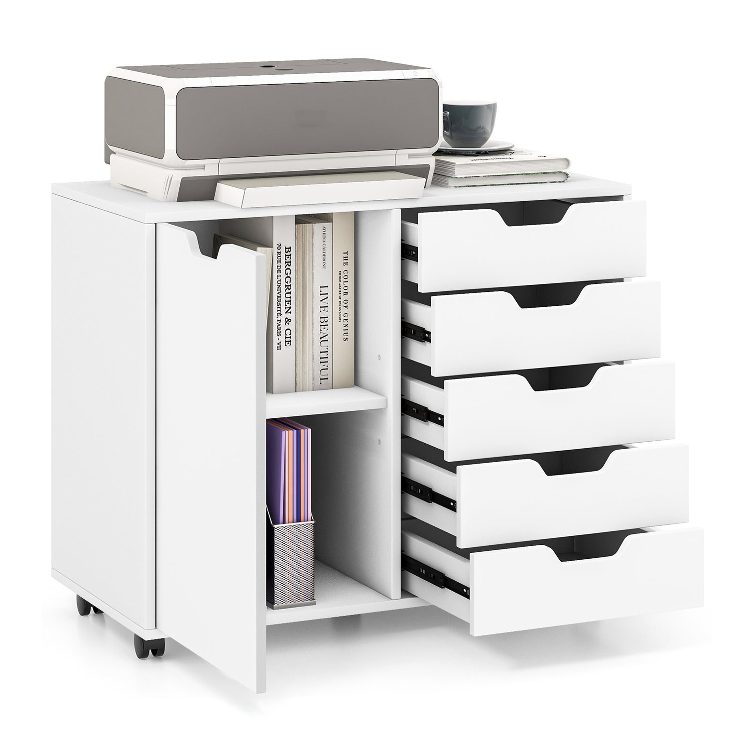 5-Drawer Dresser Chest Mobile Storage Cabinet with Door-White