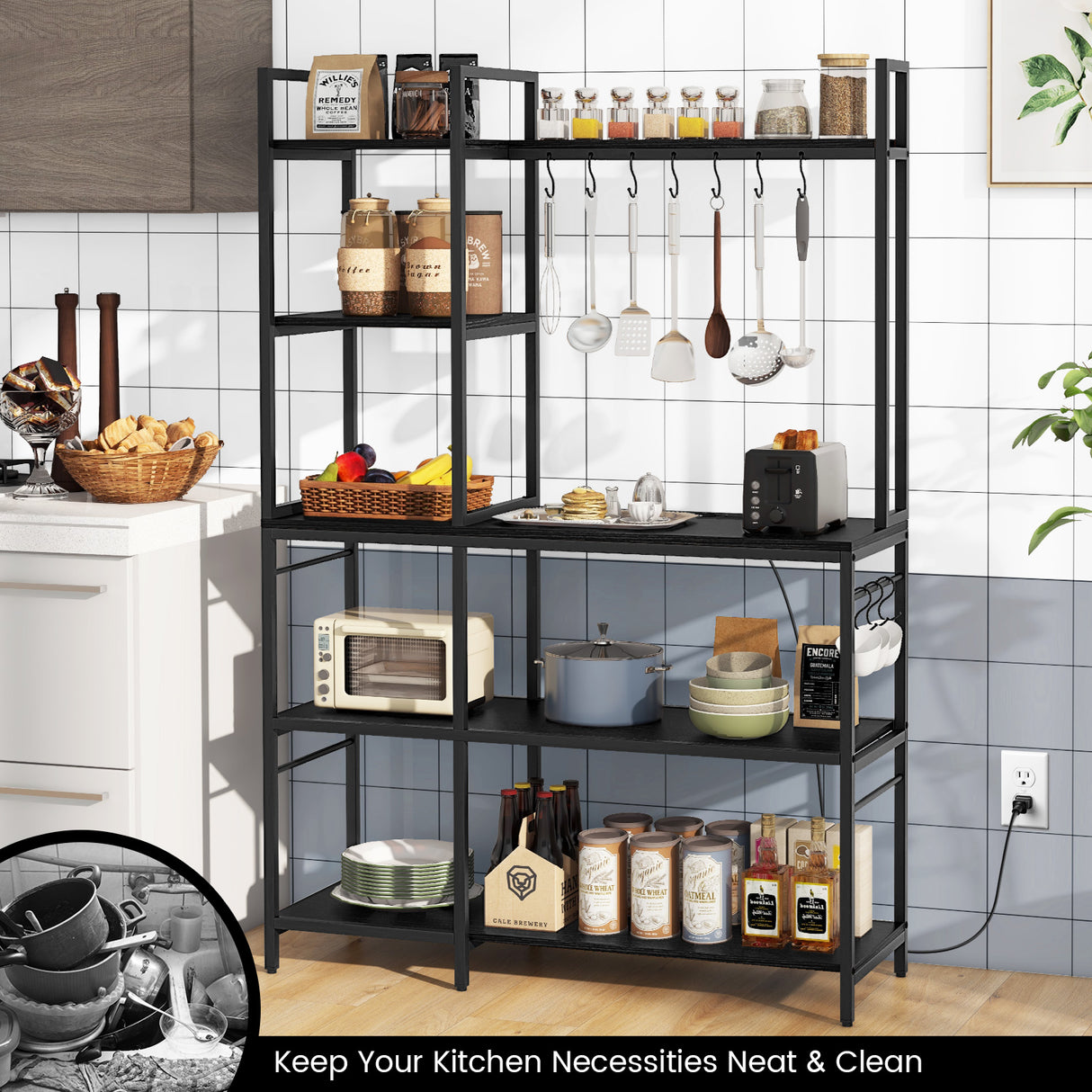 5-Tier Bakers Rack with Power Outlets and 10 S-Shaped Hooks-Black