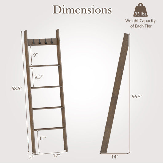 5-Tier Bamboo Ladder Bookshelf with 4 Removable Hooks-Brown