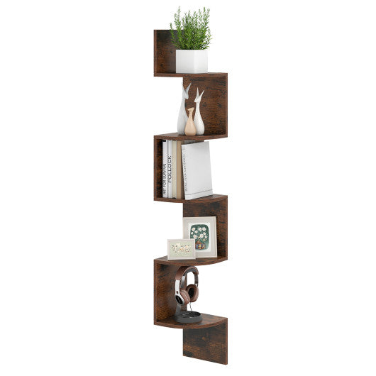 5-Tier Corner Shelf Floating Bookshelf Wall Mounted Storage Organizer-Rustic Brown