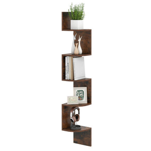 5-Tier Corner Shelf Floating Bookshelf Wall Mounted Storage Organizer-Rustic Brown
