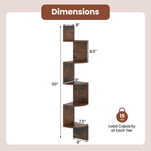 5-Tier Corner Shelf Floating Bookshelf Wall Mounted Storage Organizer-Rustic Brown