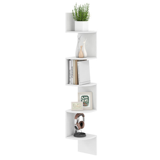 5-Tier Corner Shelf Floating Bookshelf Wall Mounted Storage Organizer-White