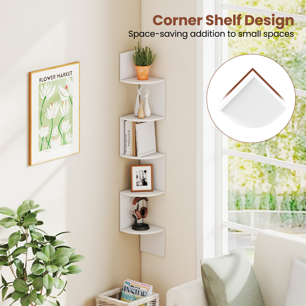 5-Tier Corner Shelf Floating Bookshelf Wall Mounted Storage Organizer-White