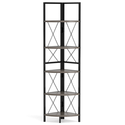 5-Tier Freestanding Corner Shelf 63 Inch Tall Storage Rack-Oak