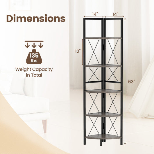 5-Tier Freestanding Corner Shelf 63 Inch Tall Storage Rack-Oak