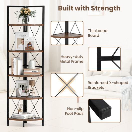 5-Tier Freestanding Corner Shelf 63 Inch Tall Storage Rack-Rustic Brown