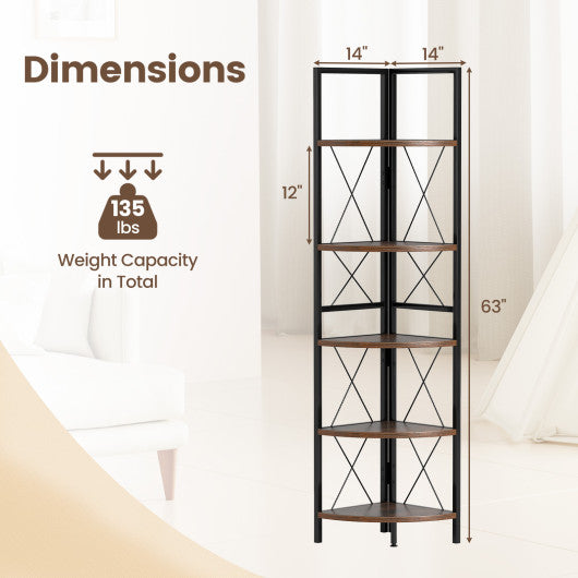 5-Tier Freestanding Corner Shelf 63 Inch Tall Storage Rack-Rustic Brown