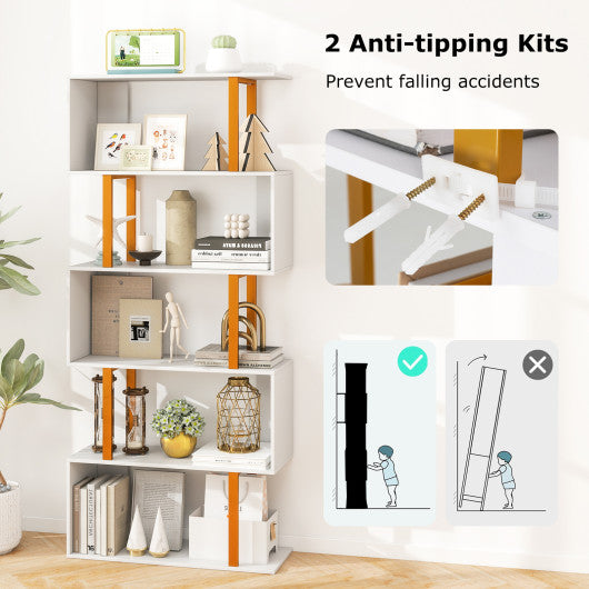 5-Tier/6-Tier Geometric Bookcase with Metal Frame and Anti-tipping Kits-5 Tier