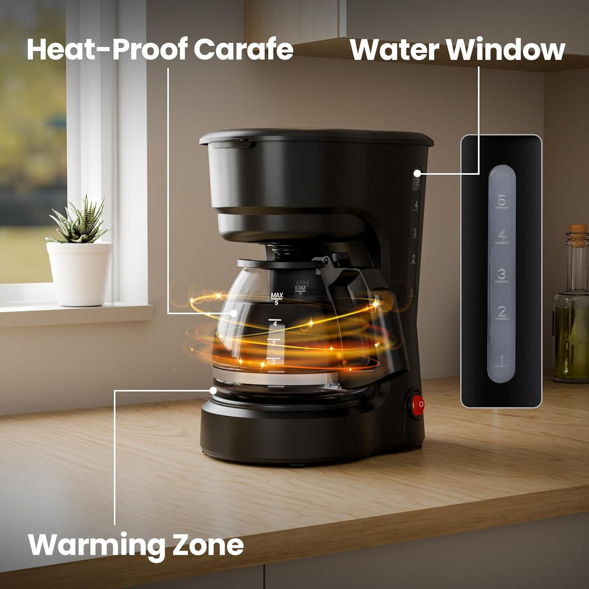 5-Cup Drip Coffee Maker - Programmable, Auto Brew, Auto Pause, Keep Warm Function CM3710H
