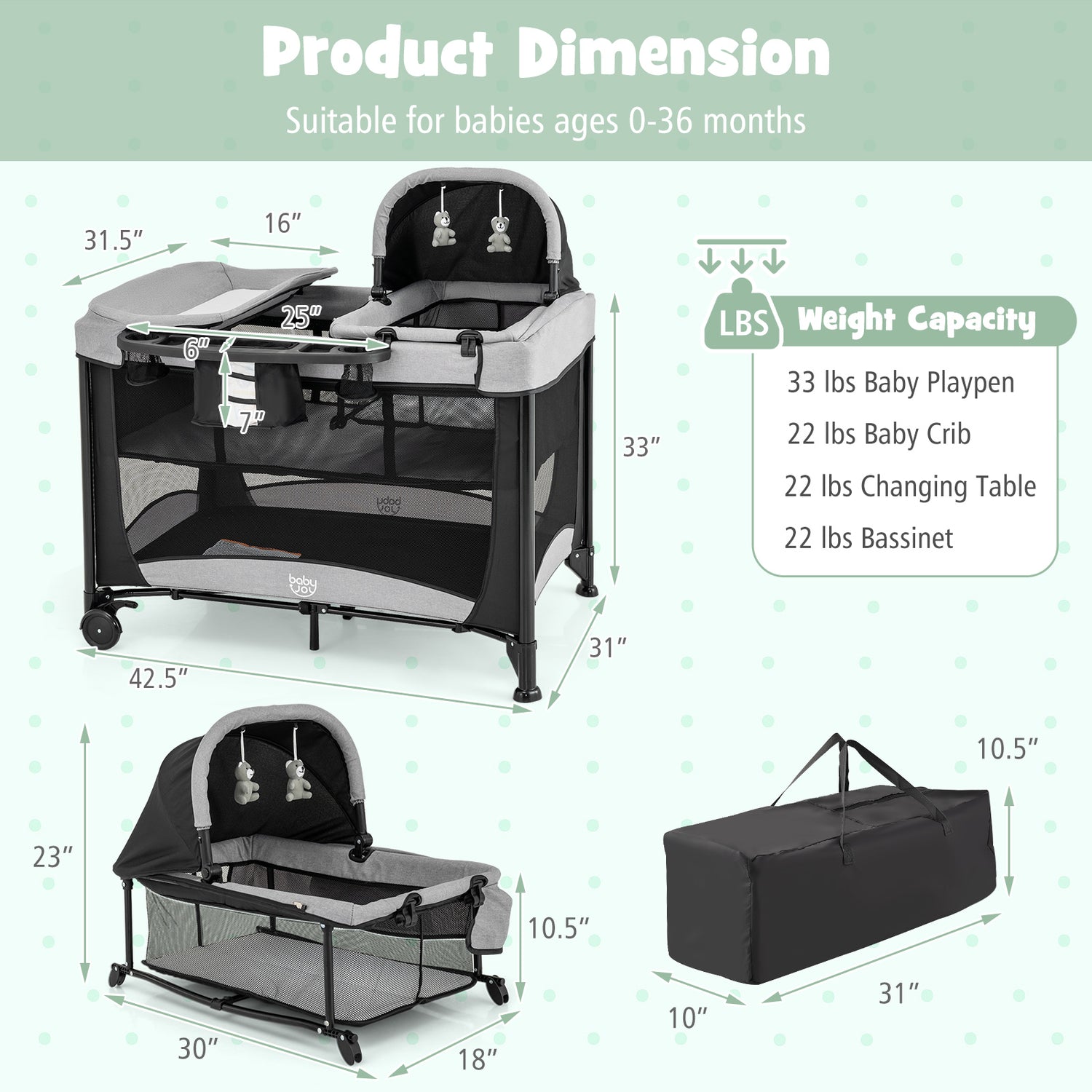 5-in-1 Portable Baby Playard with Cradle and Storage Basket-Black