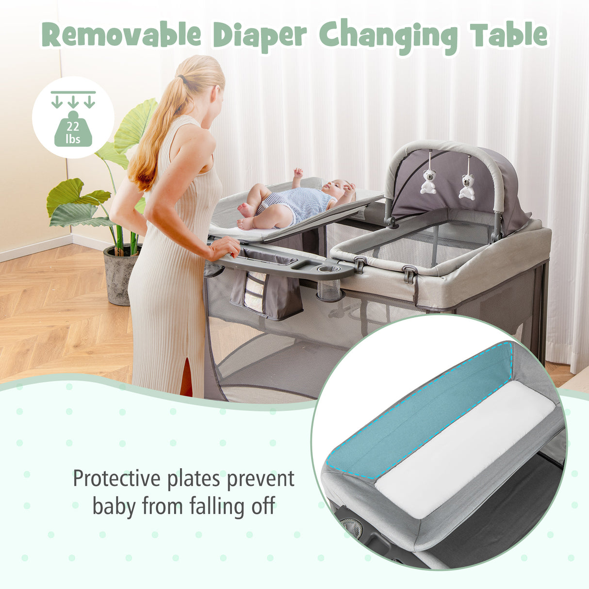 5-in-1 Portable Baby Playard with Cradle and Storage Basket-Gray