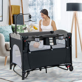 5-in-1 Baby Nursery Center Foldable Toddler Bedside Crib with Music Box-Gray