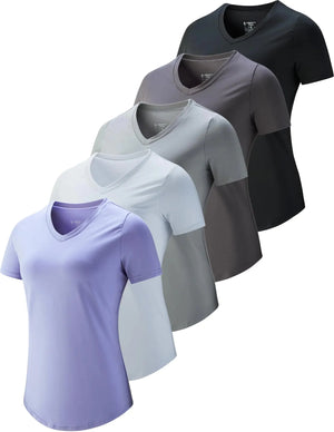 5 Pack: Womens Dry Fit Workout Shirts, Short Sleeve Athletic Gym Tshirts, Ladies Active Long Tees Bulk Medium White/Gray/Charcoal/Black/Lavender