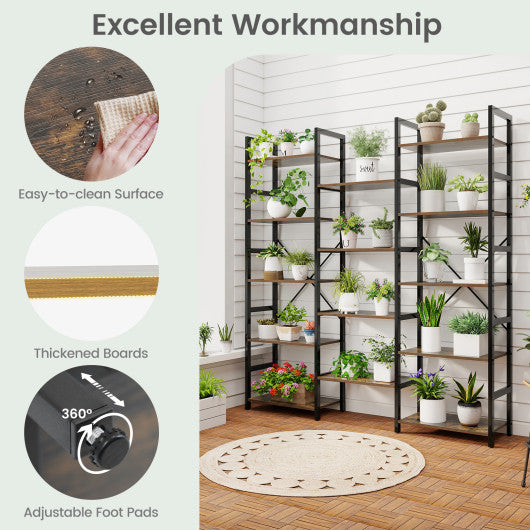 5-tier Triple Wide Heavy-duty Metal Frame Industrial Bookshelf-Rustic Brown