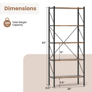 5-Tier Bookshelf with Open Shelves and Heavy Duty Metal Frame-Rustic Brown