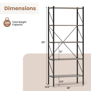 5-Tier Bookshelf with Open Shelves and Heavy Duty Metal Frame-Gray