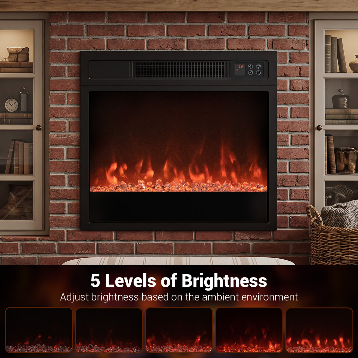 5000 BTU 18-Inch Electric Fireplace Insert with Remote Control and Brightness-Black