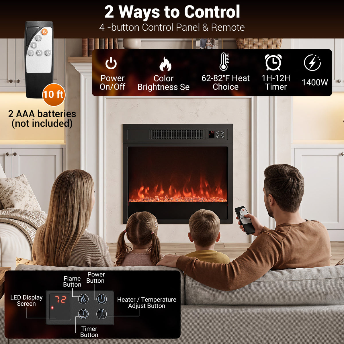 5000 BTU 18-Inch Electric Fireplace Insert with Remote Control and Brightness-Black