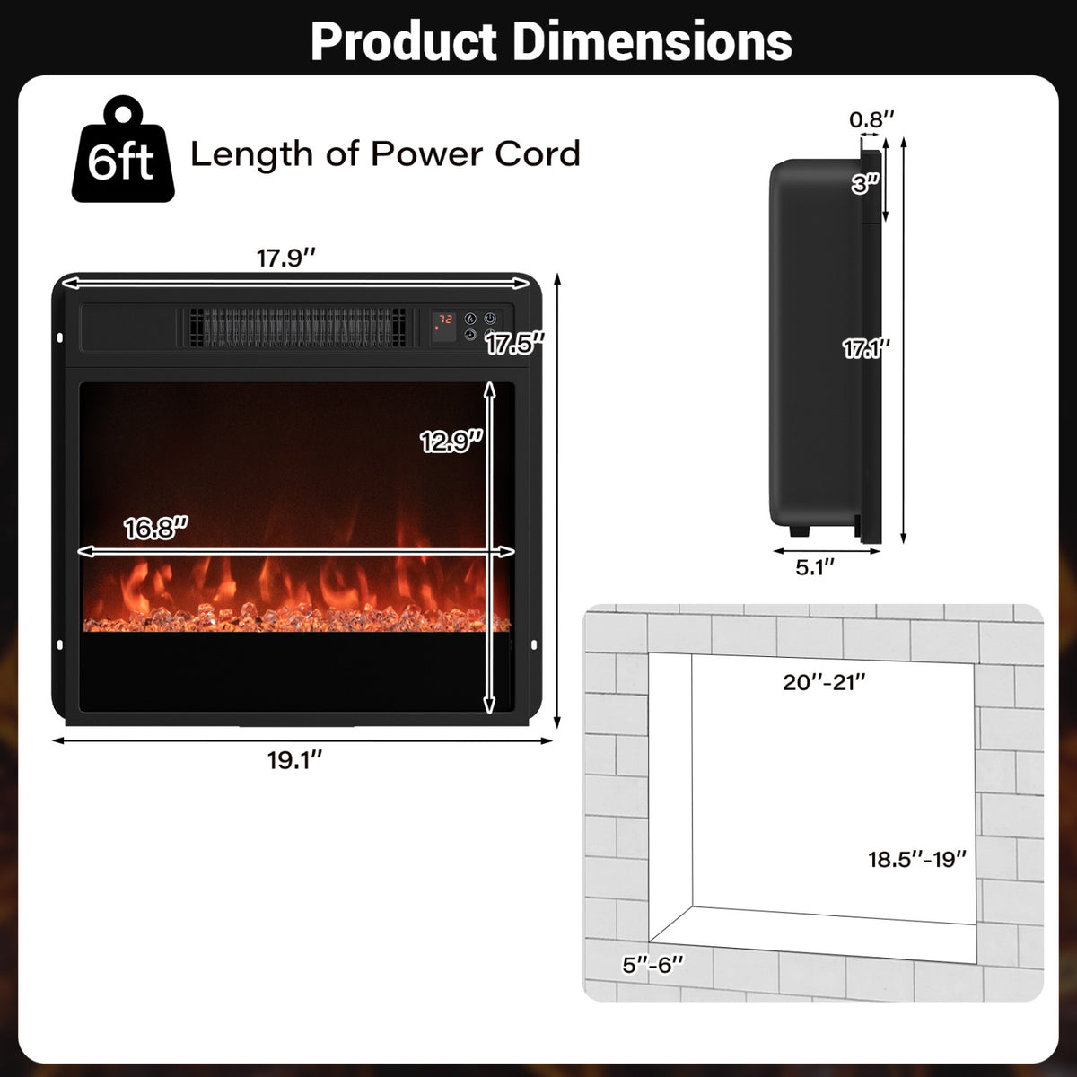 5000 BTU 18-Inch Electric Fireplace Insert with Remote Control and Brightness-Black