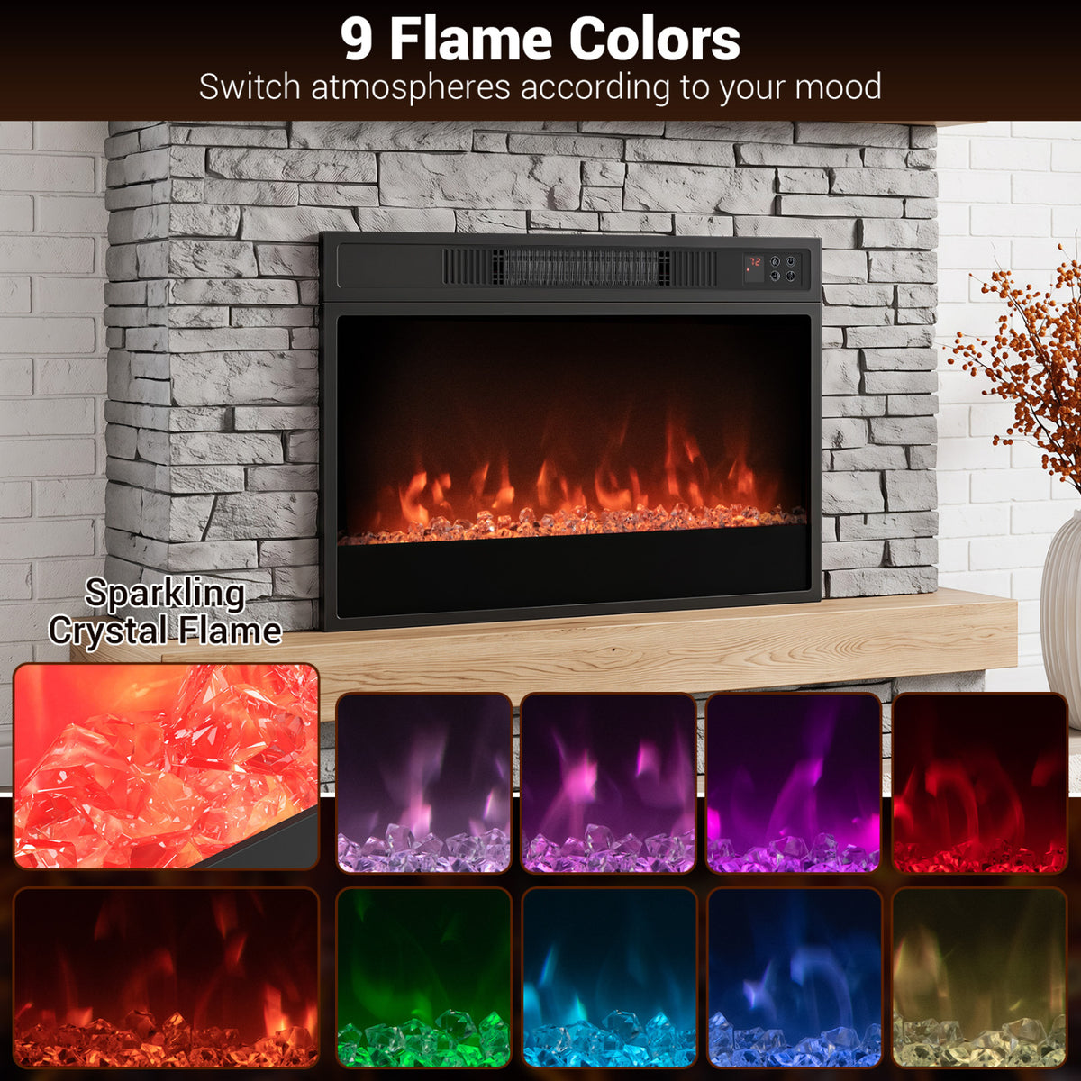 5000 BTU 23-Inch Electric Fireplace Insert with Remote Control and Brightness-Black