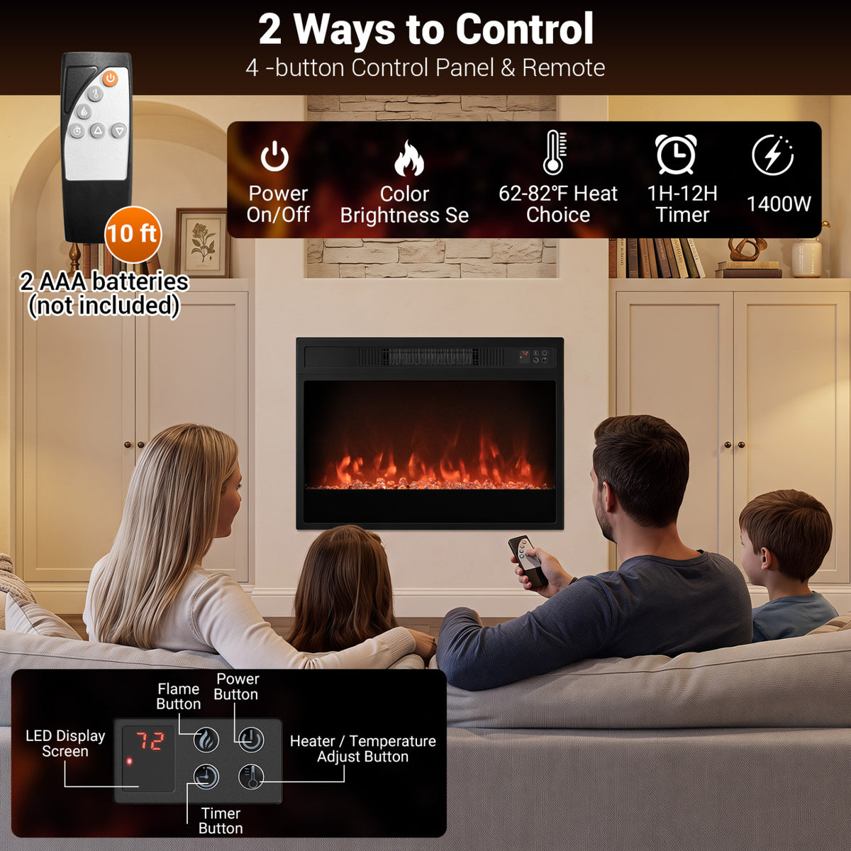 5000 BTU 23-Inch Electric Fireplace Insert with Remote Control and Brightness-Black