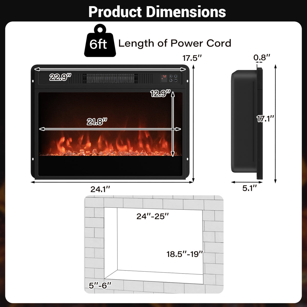5000 BTU 23-Inch Electric Fireplace Insert with Remote Control and Brightness-Black