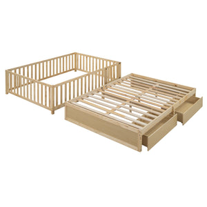 Daybed With Fence Guardrails And 2 Drawers, Split Into Independent Floor Bed & Daybed by Couch.com