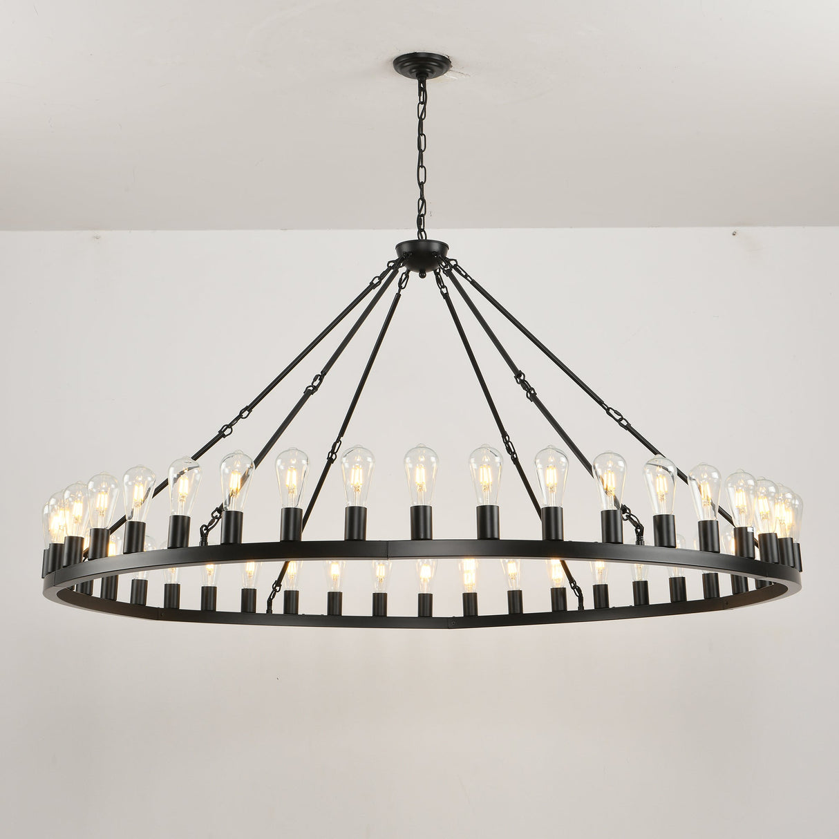 64 Inch Matte Black Wagon Wheel Chandelier With 30 Lights
