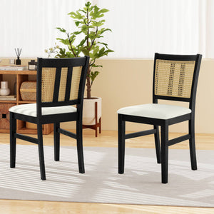 Farmhouse Rattan Dining Chair Set of 2 with Rubber Wood Legs and Cane Back-Beige