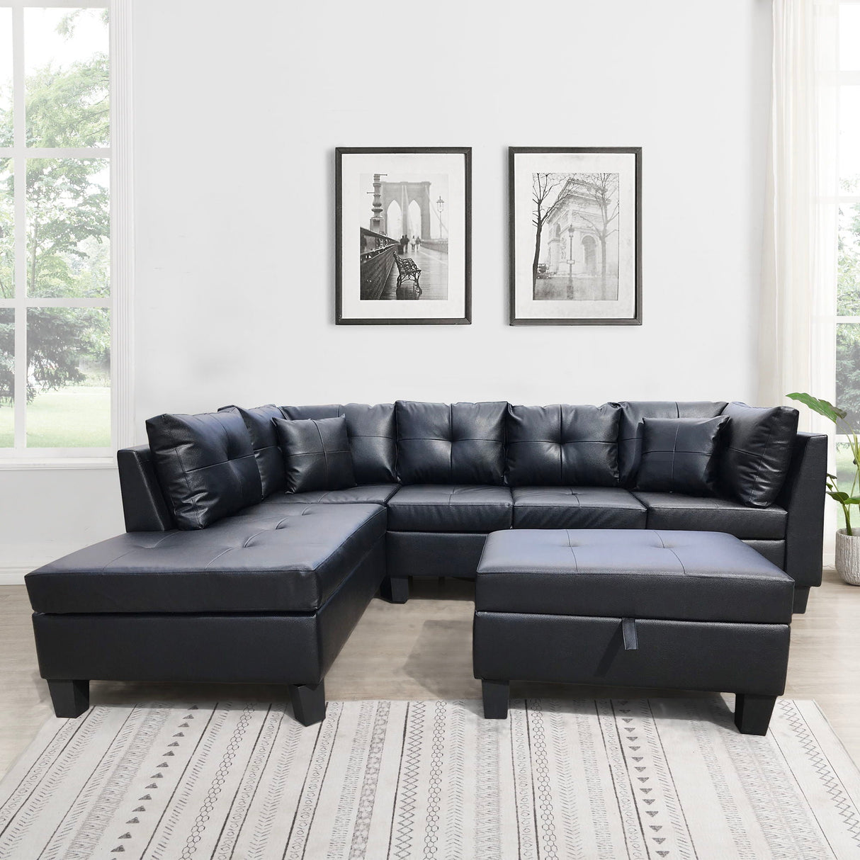 3 Piece Sofa With Left Chaise Lounge And Storage Ottoman, 2 Throw Pillows - Black by Couch.com