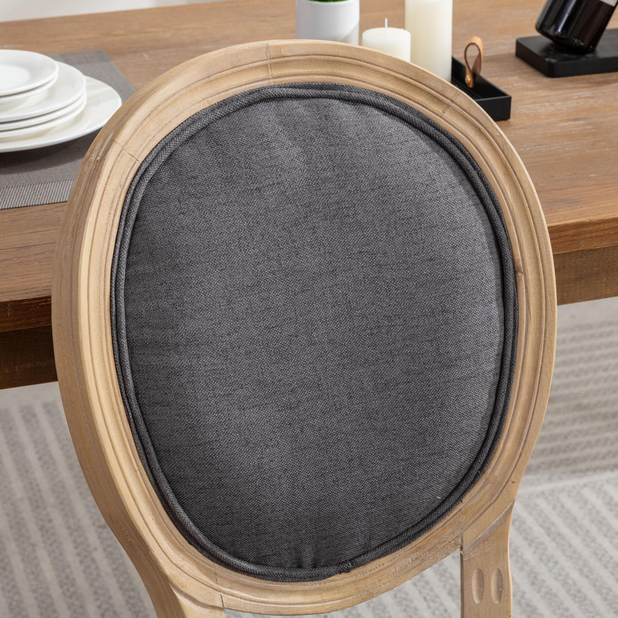 French Style Solid Wood Frame Antique Linen Dining Chair, Set of 2