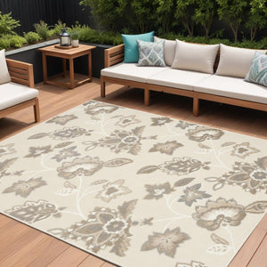 9' X 12' Beige Floral Stain Resistant Non Skid Area Rug