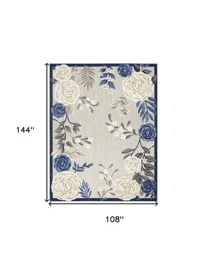 9' X 12' Blue And Grey Floral Stain Resistant Non Skid Area Rug