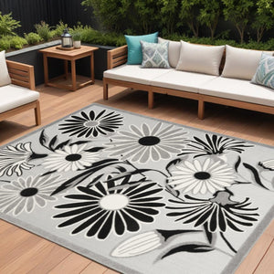 9' X 12' Black And White Floral Stain Resistant Non Skid Area Rug