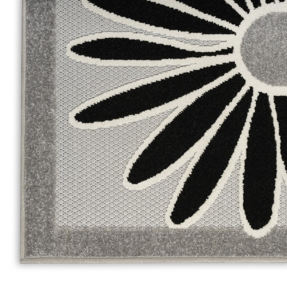 9' X 12' Black And White Floral Stain Resistant Non Skid Area Rug