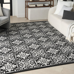 9' X 12' Black And White Fleur De Lis Stain Resistant Non Skid Area Rug