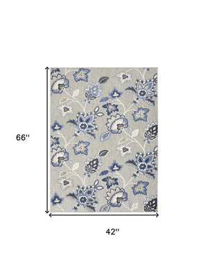 4' X 6' Blue And Grey Floral Stain Resistant Non Skid Area Rug