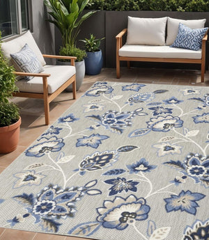 5' X 8' Blue And Grey Floral Stain Resistant Non Skid Area Rug