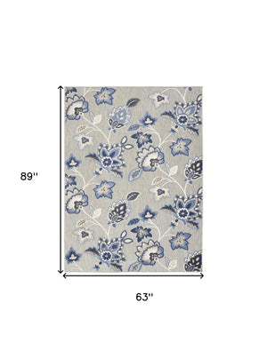5' X 8' Blue And Grey Floral Stain Resistant Non Skid Area Rug