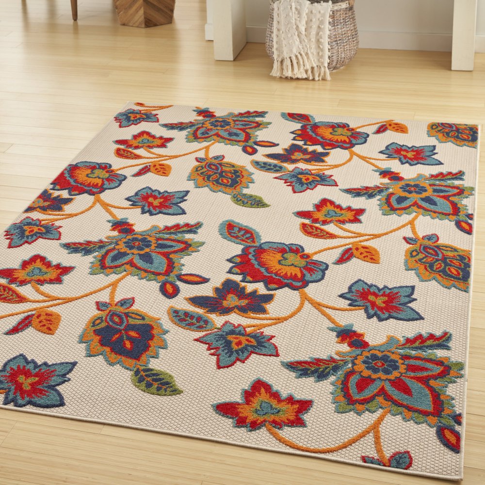 4' X 6' Gray Blue and Orange Floral Non Skid Indoor Outdoor Area Rug