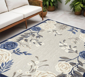 5' X 8' Blue And Grey Floral Stain Resistant Non Skid Area Rug